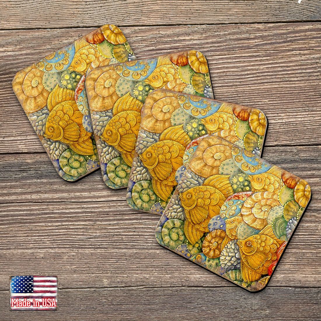 Fish Coastal Art Wooden Cork Coasters Gift Set of 4 by Nature Wonders - Nature Wildlife Decor  - 95018C-S4