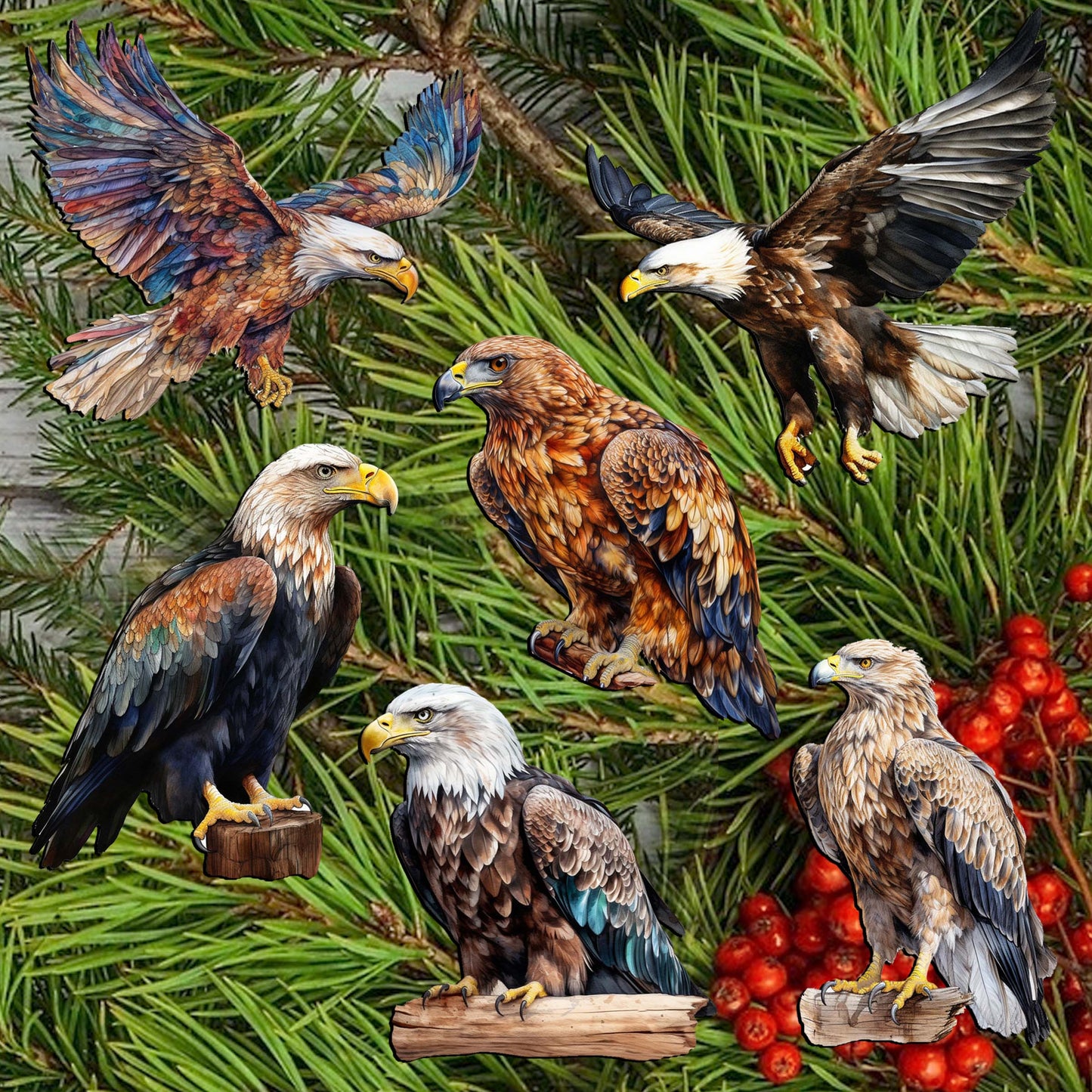 Eagle's Flight Decorative Wooden Clip-on Ornaments Set of 6 by G. Debrekht - Wildlife Decor - 8090101C-S6