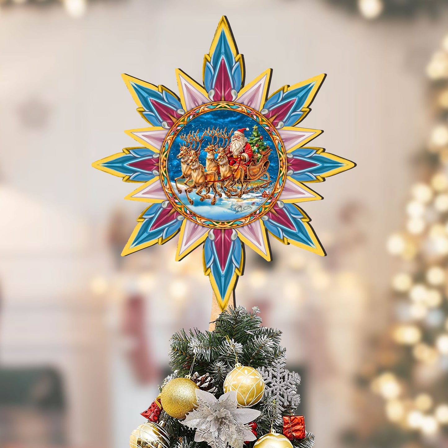 Santa on the Sleigh Star Tree Topper Wooden Decor by G. Debrekht - Santa Snowman Decor - 89516