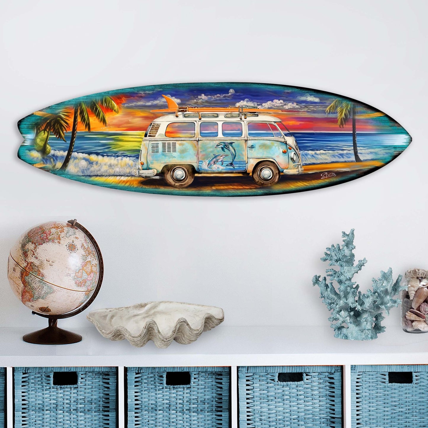 Surf Van at the Beach Surfboard Coastal Wall Art by G. DeBrekht - Coastal Holiday Decor - 8490120HS