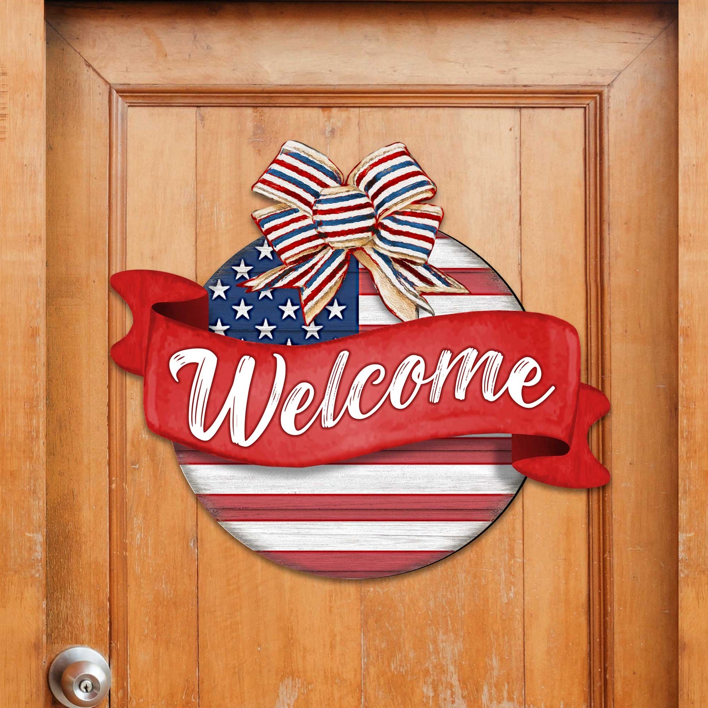 Front door welcome sign American flag porch wreath Main entrance banner Welcome sign - Wooden front porch decor - 933103H