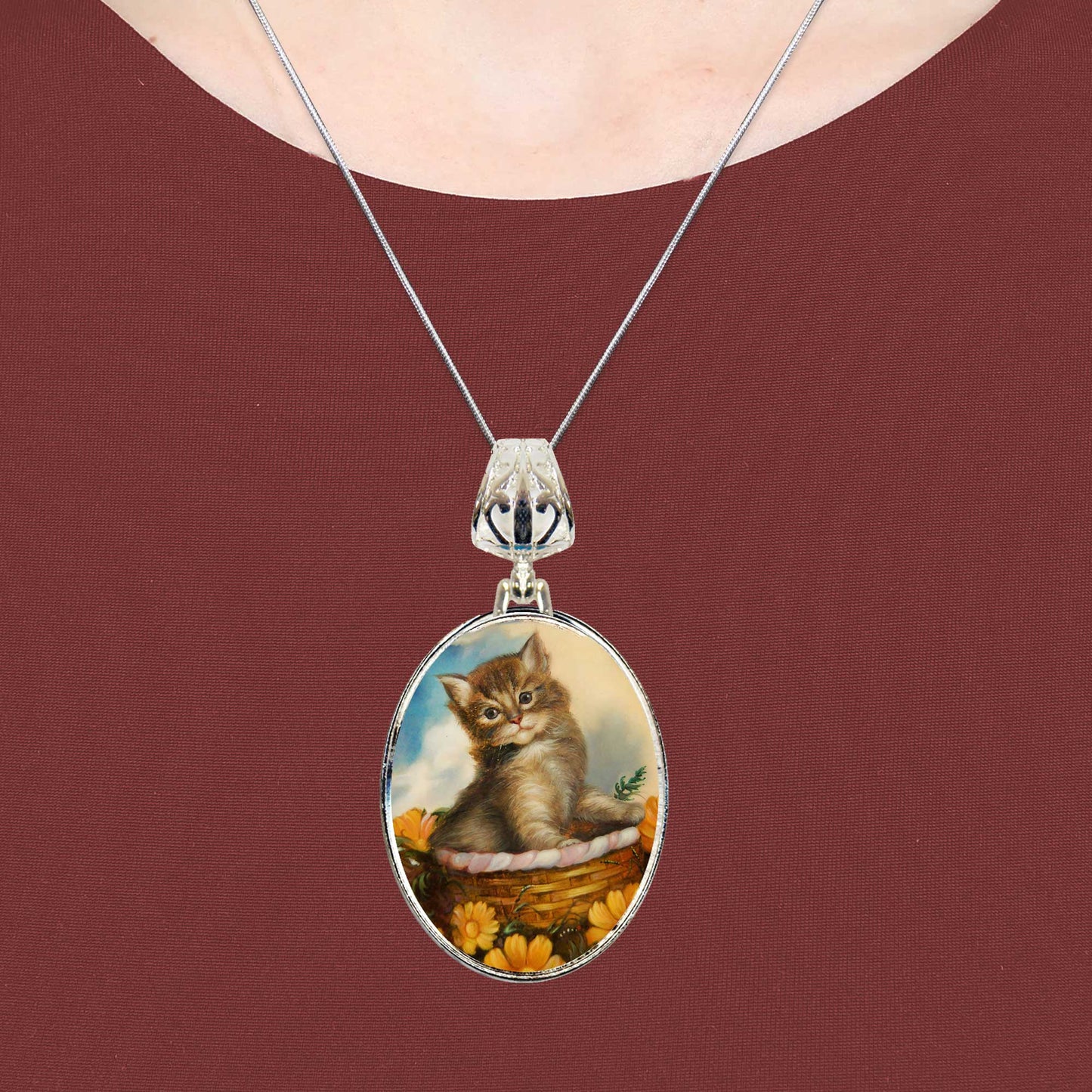 Kitten in A Basket Silver Plated Mother of Pearl Jewelry Pendant Necklace - 44032O