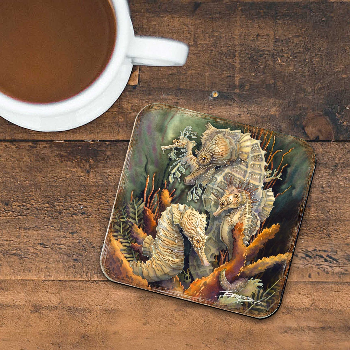 Seahorse Family Wooden Cork Coasters Gift Set of 4 by J. Bergsma - Coastal Decor  - 8199454C-S4