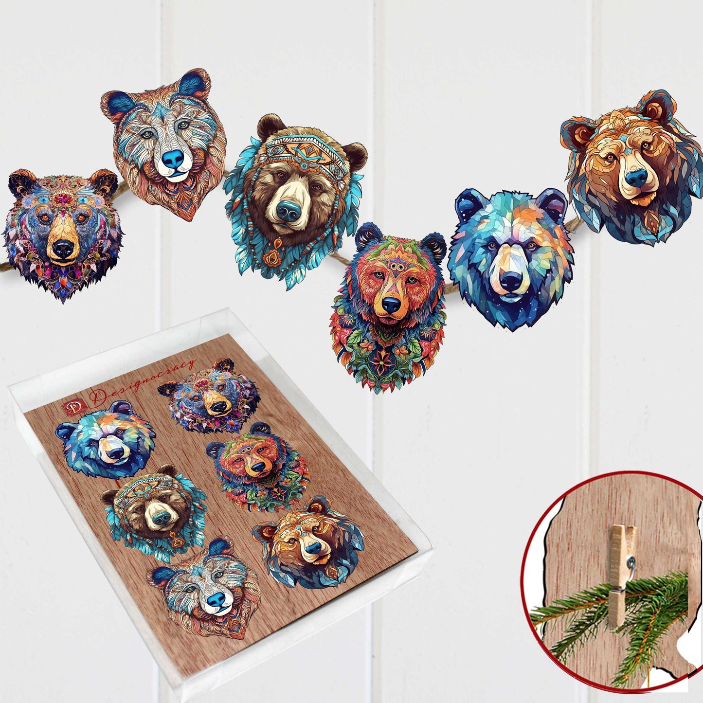 Mystical Bears Decorative Wooden Clip-on Ornaments Set of 6 by G. Debrekht - Wildlife Decor - 8090120C-S6