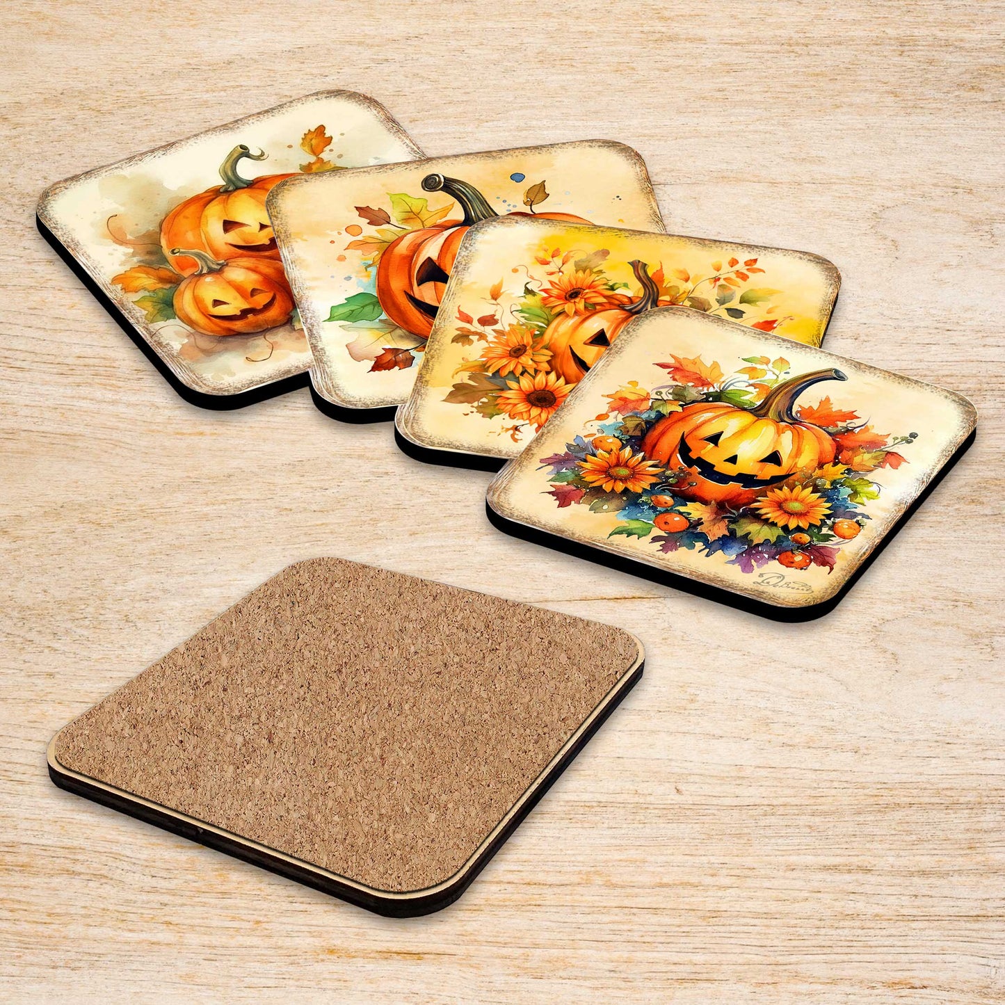 Halloween Pumpkin Wooden Cork Coasters Gift Set of 4 by G. Debrekht - Thanksgiving Decor  - 8199448C-S4