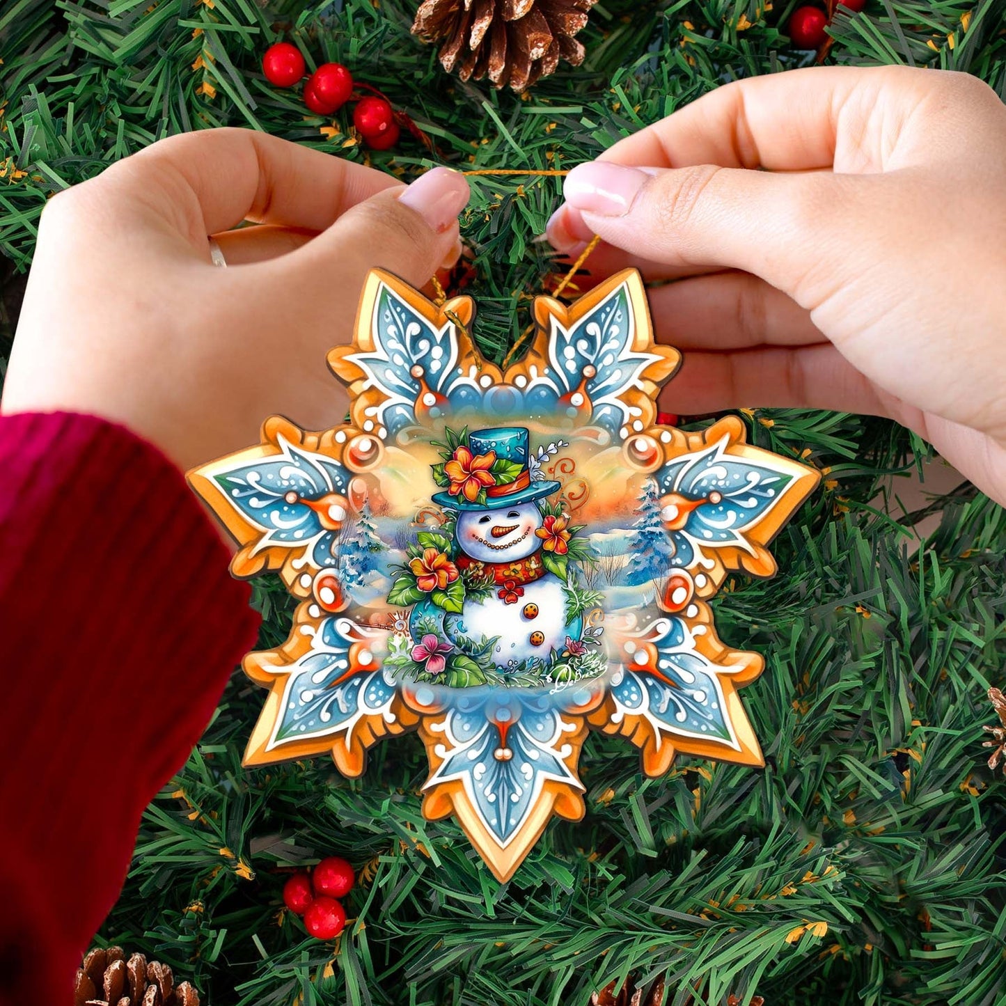 Snowman Snowflake Wooden Ornaments by G. Debrekht - Christmas Santa Snowman Decor - 8688425