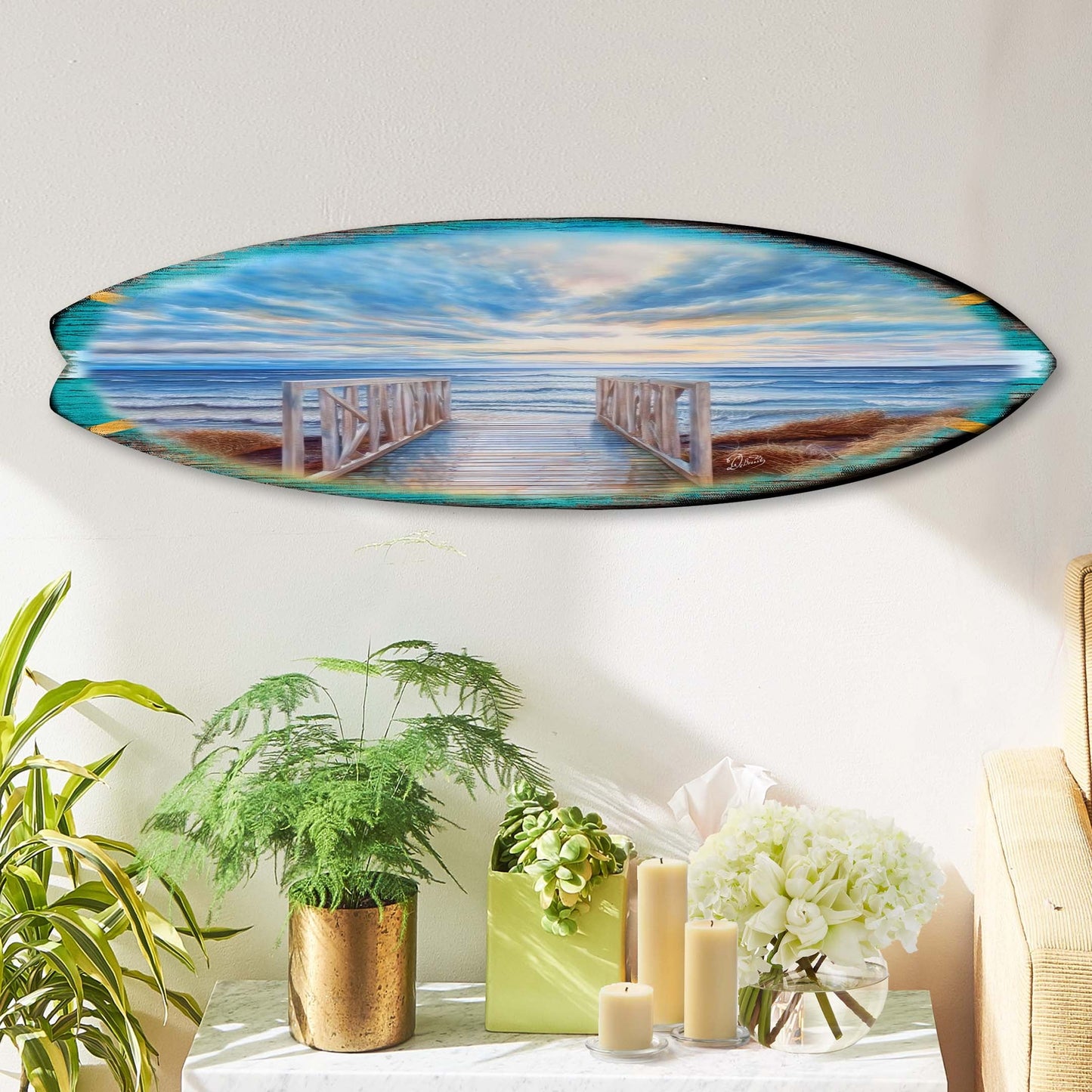 Wooden Pier Surfboard Coastal Wall Art by G. DeBrekht - Coastal Holiday Decor - 8490116HS