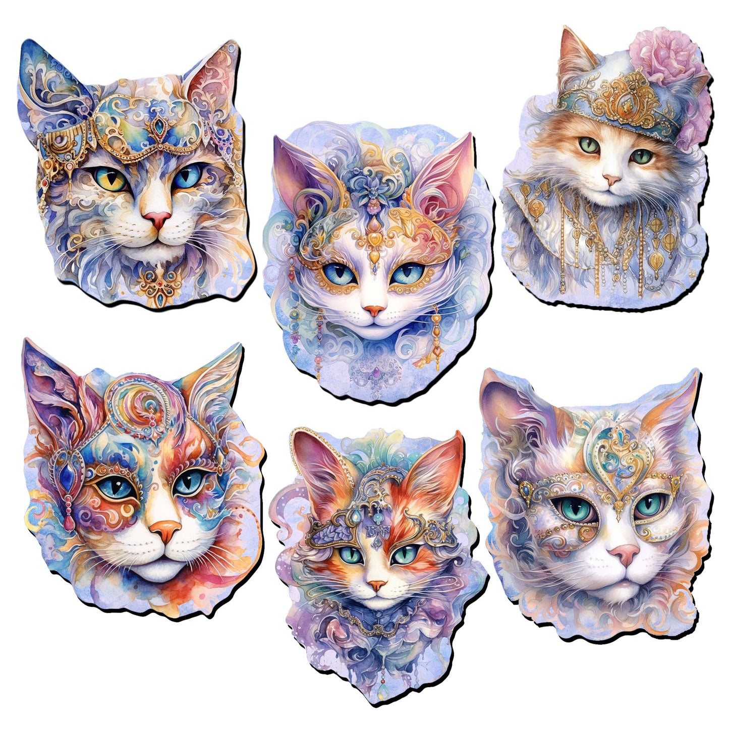 Cats Masks Decorative Wooden Magnets Set of 6 by G. Debrekht - Christmas Decor - 8090033G-S6